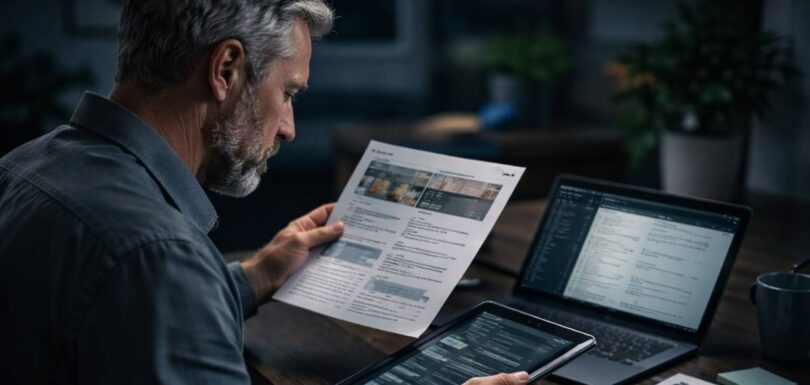 Business owner reviewing an outdated website snapshot beside current website notes