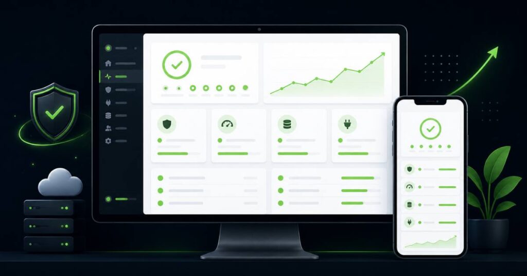 Abstract dashboard showing WordPress website performance signals on desktop and mobile