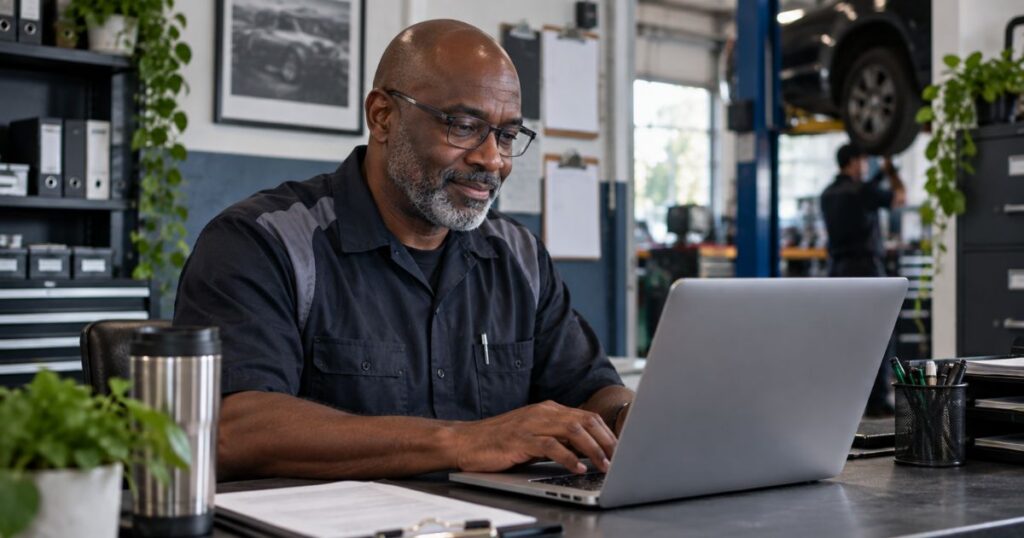 A small business owner at a laptop working out how to choose WordPress plugins for their site