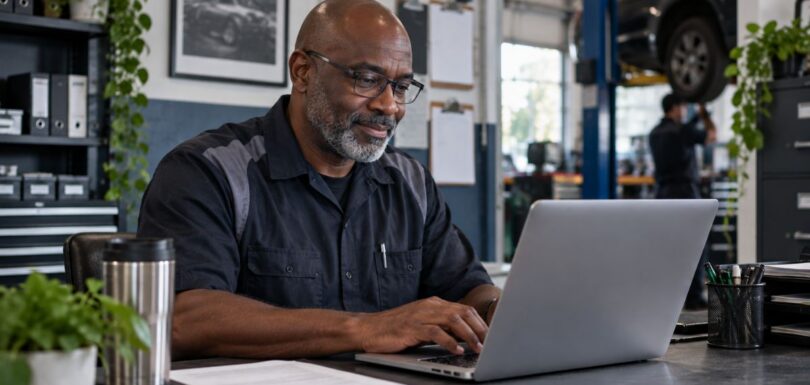 A small business owner at a laptop working out how to choose WordPress plugins for their site