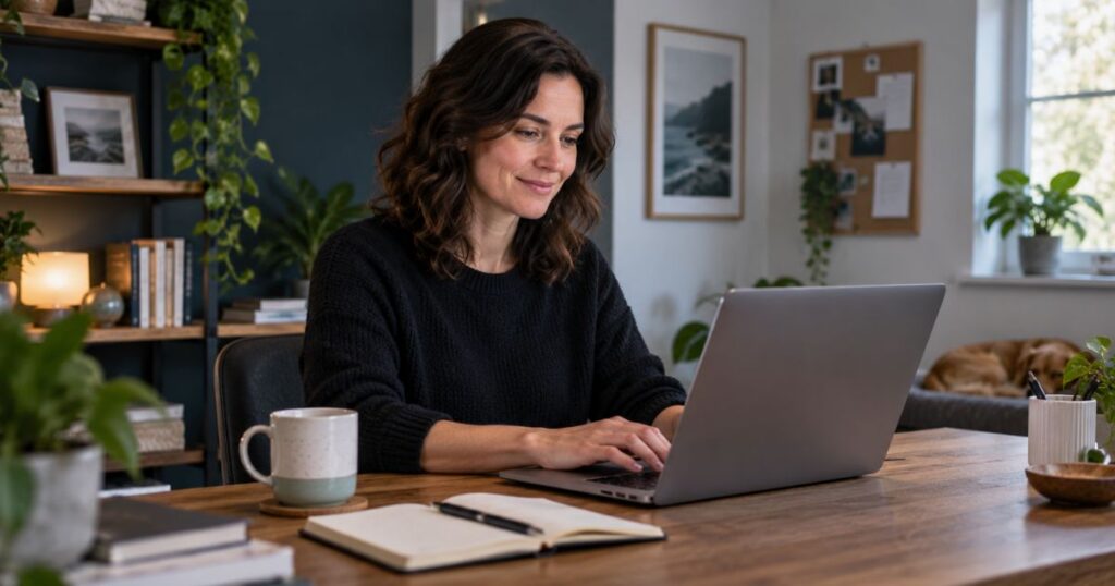 A small business owner reviewing WordPress login security settings at a laptop
